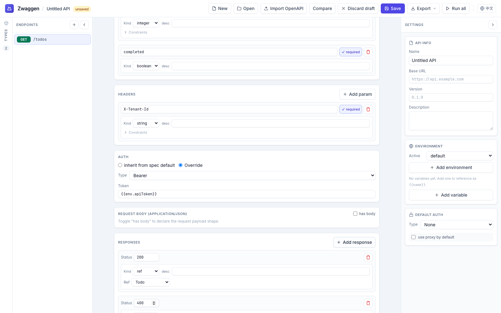 Endpoint editor with query params, header, Bearer auth, and 200 + 400 responses