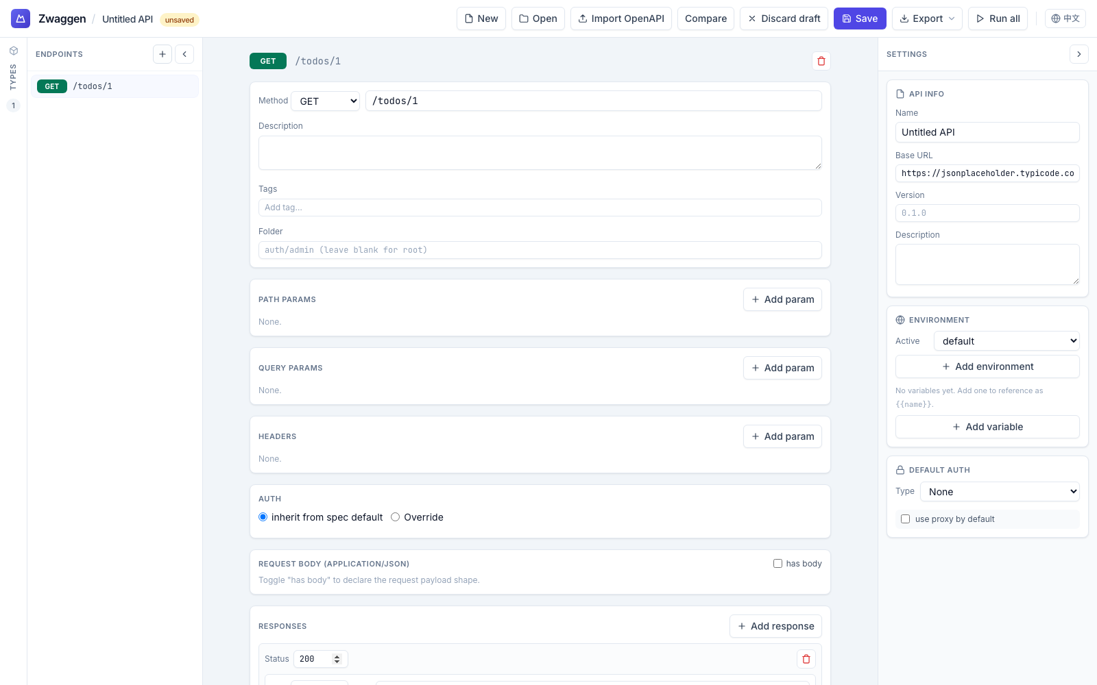 Endpoint editor showing GET /todos/1 with 200 → Todo response