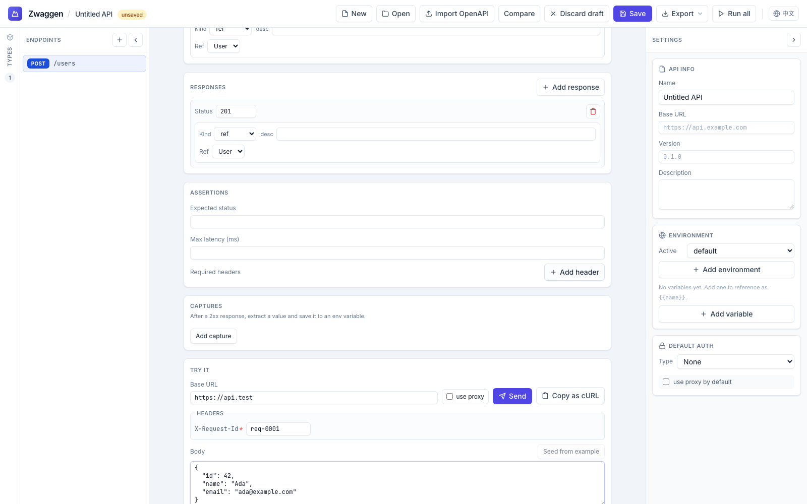 Run panel request inputs — headers and JSON body for a POST endpoint