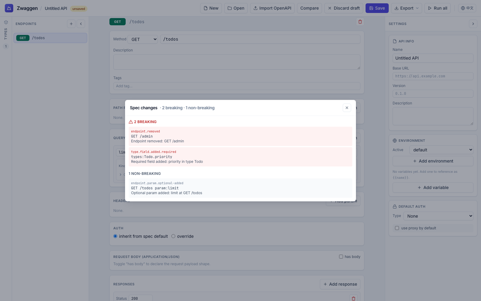 Spec diff dialog showing 2 breaking and 1 non-breaking changes